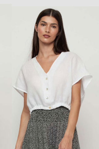 Cap-Sleeved Cropped Linen Top With Elastic Hem in White