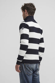 Anders Windproof, Mock-T Cotton Sweater in Navy-and-White Stripes