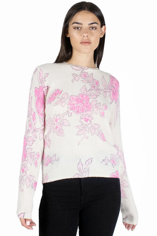 Crew-Neck Cashmere Sweater With Pastel Florals on Chalk
