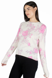 Crew-Neck Cashmere Sweater With Pastel Florals on Chalk