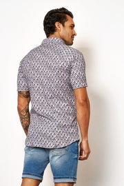 Short-Sleeved Sport Shirt in Blue-Taupe Geometric Pattern