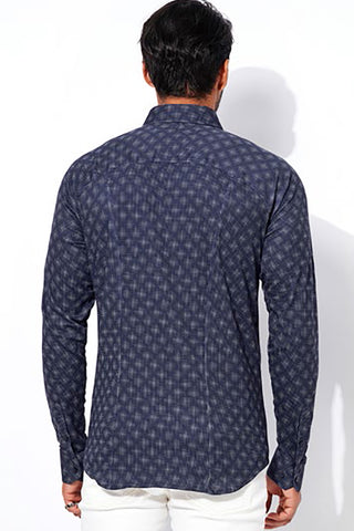 Long-Sleeved Sport Shirt in Navy Diamond Print