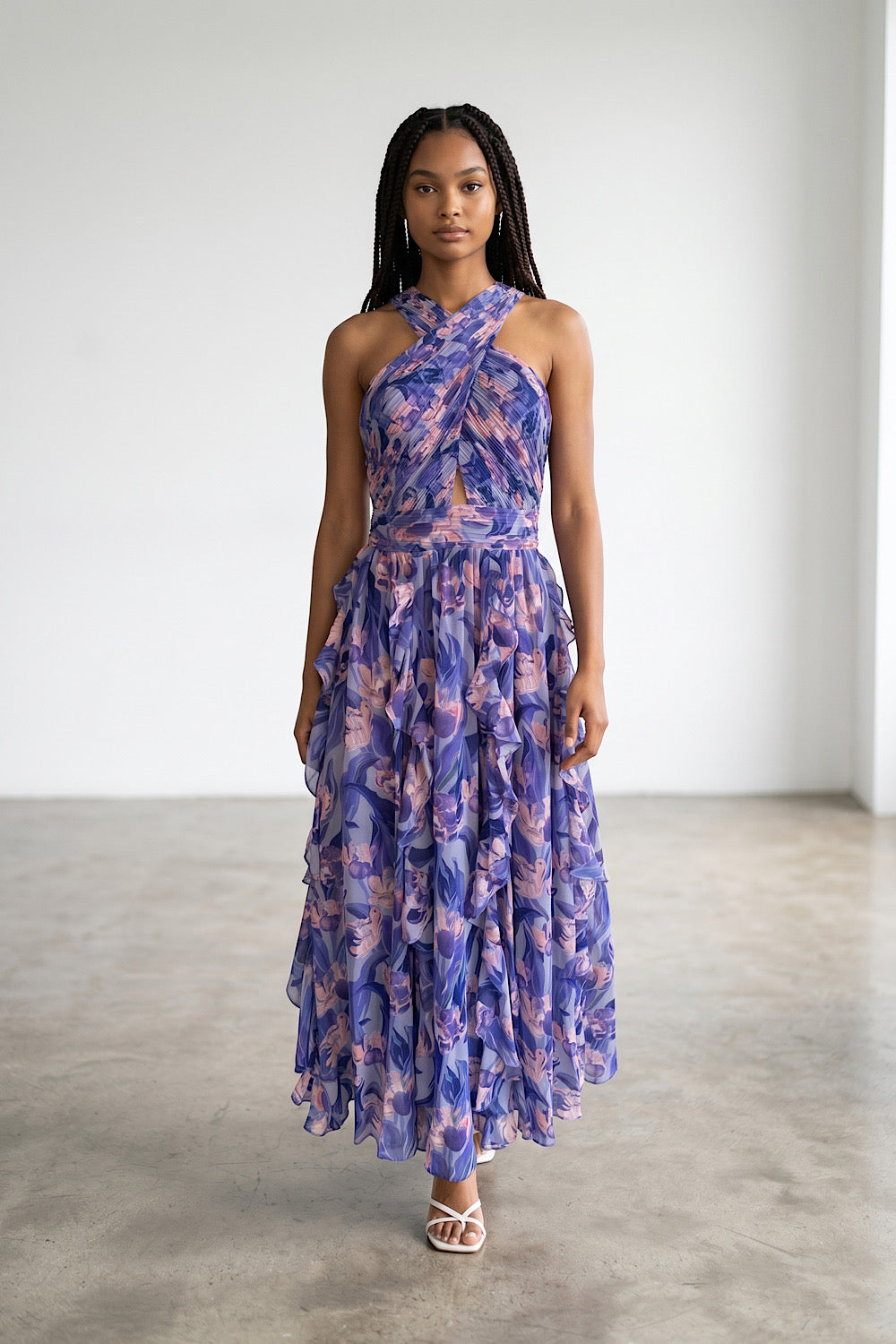 purple halter ruffle dress Halter Floral Ruffle Dress in Purple – chrisjameskingston