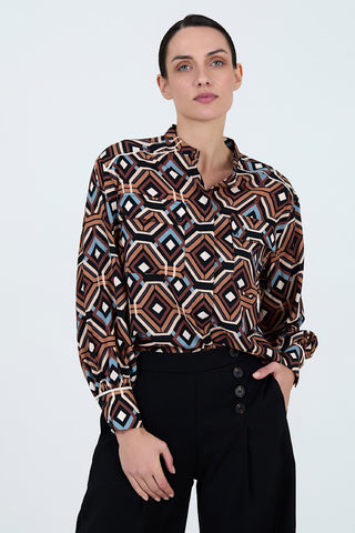 Long Sleeve Blouse in Retro Geometric Print