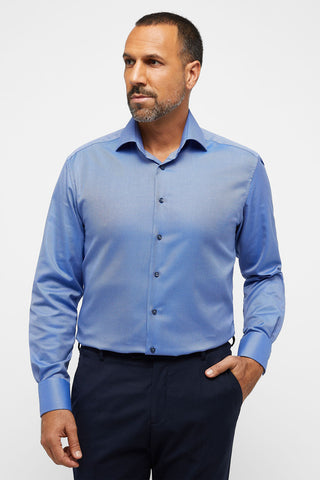 Long-Sleeved Modern Fit Dress Shirt in Blue Bird's-Eye Print