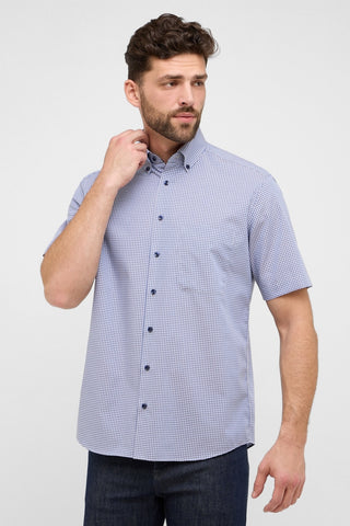 Short-Sleeved, Modern-Fit Sport Shirt in Two-Tone Blue Buffalo Check