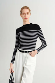 Wool Blend Striped Sweater in Black