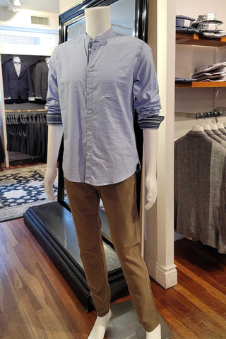 Long-Sleeved Mandarin-Collar Oxford Cloth Shirt in Blue