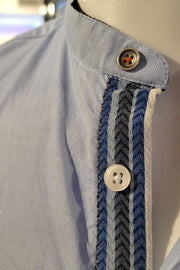 Long-Sleeved Mandarin-Collar Oxford Cloth Shirt in Blue