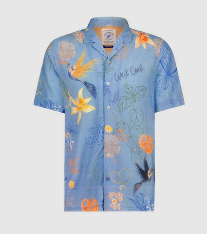 Short-Sleeved Sport Shirt with Hummingbird Print in Sky Blue