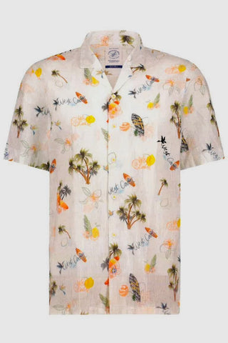 Short-Sleeved Sport Shirt with Tropical Print in Off-White