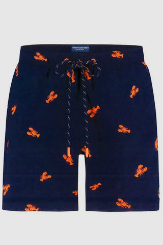 Swim Shorts with Orange Lobster Print on Navy