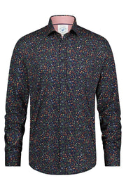 Long-Sleeved Sport Shirt in Navy Small-Leaves Print