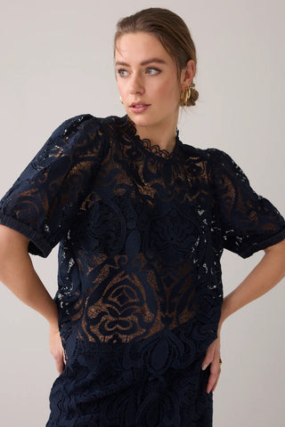 Short Sleeve Lace Top in Navy Noir
