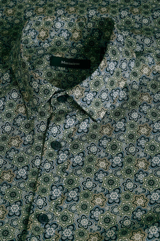 Trostol Long-Sleeved Concealed Button-Down Sport Shirt in Thyme Mosaic Print