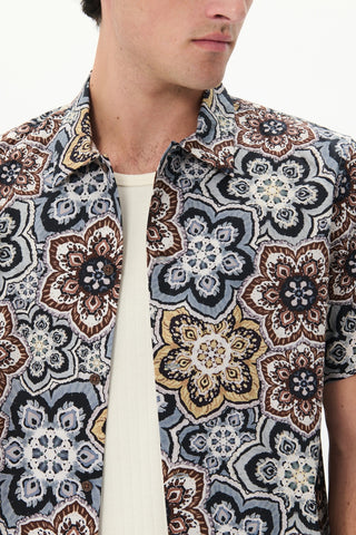 Floss Short-Sleeved Sport Shirt in Nut Brown Geo-Print