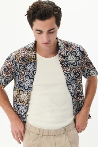 Floss Short-Sleeved Sport Shirt in Nut Brown Geo-Print