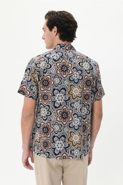 Floss Short-Sleeved Sport Shirt in Nut Brown Geo-Print