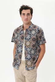 Floss Short-Sleeved Sport Shirt in Nut Brown Geo-Print