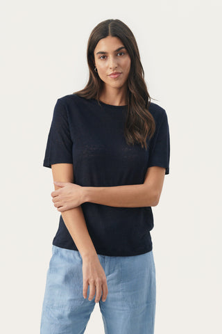 Emme Short-Sleeved Linen T-Shirt in Dark Navy