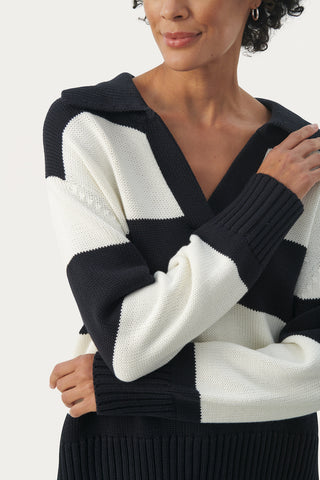 Elinda Sweater in Dark Navy and White Bar Stripes