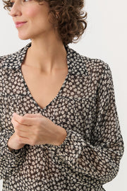 Nicholina Long-Sleeved Blouse in Black Mini-Grid Floral Print