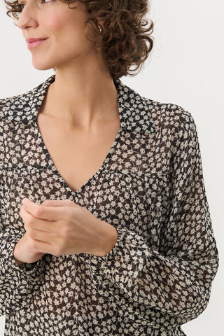 Nicholina Long-Sleeved Blouse in Black Mini-Grid Floral Print