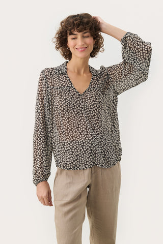 Nicholina Long-Sleeved Blouse in Black Mini-Grid Floral Print