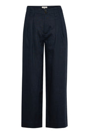 Nanati High-Waisted, Wide-Legged Pleated Linen Pants in After Midnight Dark Blue