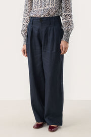 Nanati High-Waisted, Wide-Legged Pleated Linen Pants in After Midnight Dark Blue