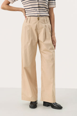 Nanati High-Waisted, Wide-Legged Pleated Cotton Pants in Sesame