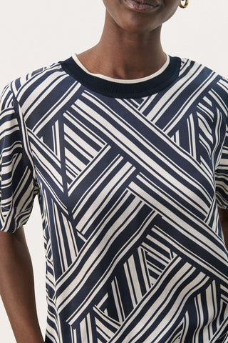 Nadenae Short-Sleeved Top in After Midnight Dark-Blue Graphic Stripe