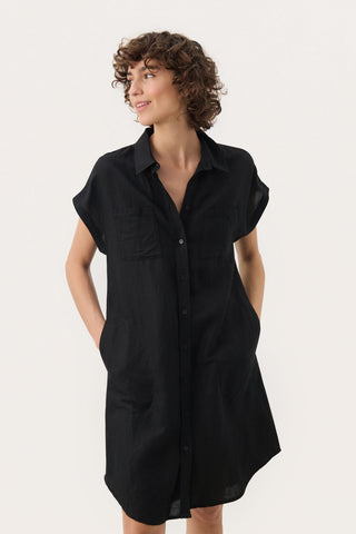 Ellena Linen-Blend Shirt Dress in Black