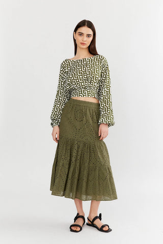 Holder Blouse in Geometric Army-Green Print