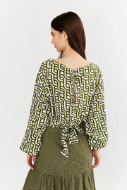Holder Blouse in Geometric Army-Green Print