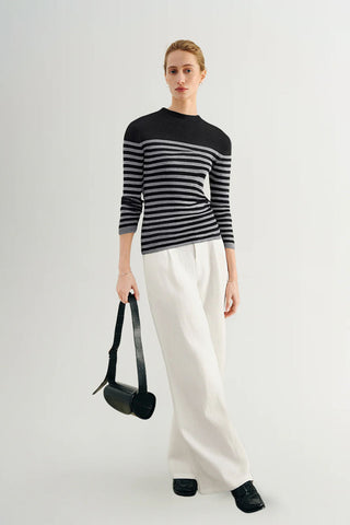 Wool Blend Striped Sweater in Black