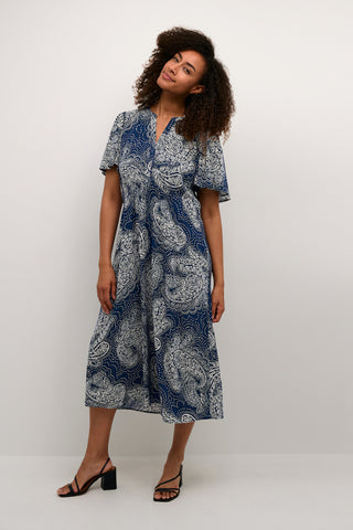 Polly Dress With Butterfly Sleeves in Blue-Cream Paisley