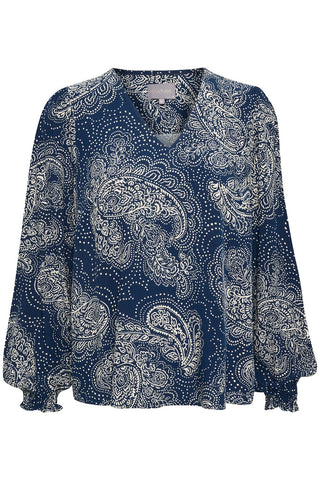 Polly Long-Sleeved Blouse in Navy-Cream Paisley