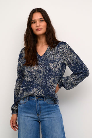 Polly Long-Sleeved Blouse in Navy-Cream Paisley