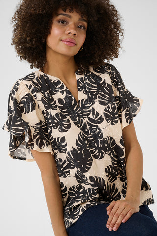 Debora Short-Sleeved Blouse in Black Palm-Leaf Print