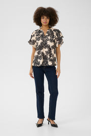 Debora Short-Sleeved Blouse in Black Palm-Leaf Print