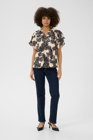 Debora Short-Sleeved Blouse in Black Palm-Leaf Print