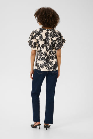 Debora Short-Sleeved Blouse in Black Palm-Leaf Print