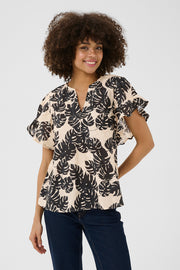Debora Short-Sleeved Blouse in Black Palm-Leaf Print