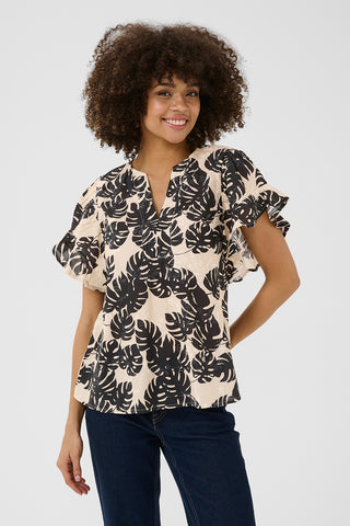 Debora Short-Sleeved Blouse in Black Palm-Leaf Print