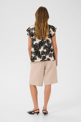Miso Berna Cap-Sleeved Top in Black Palm-Leaf Print