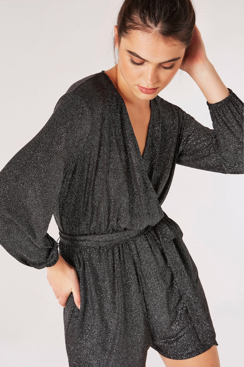 Glitter Wrap Playsuit in Silver – chrisjameskingston