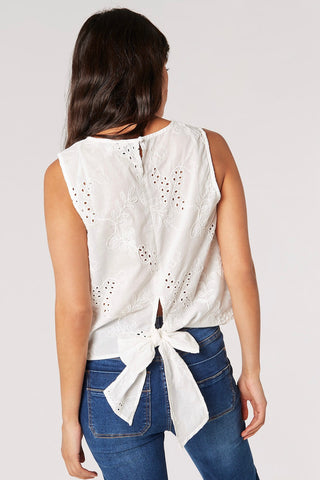 Tropical Embroidery Tie-Back Top in White