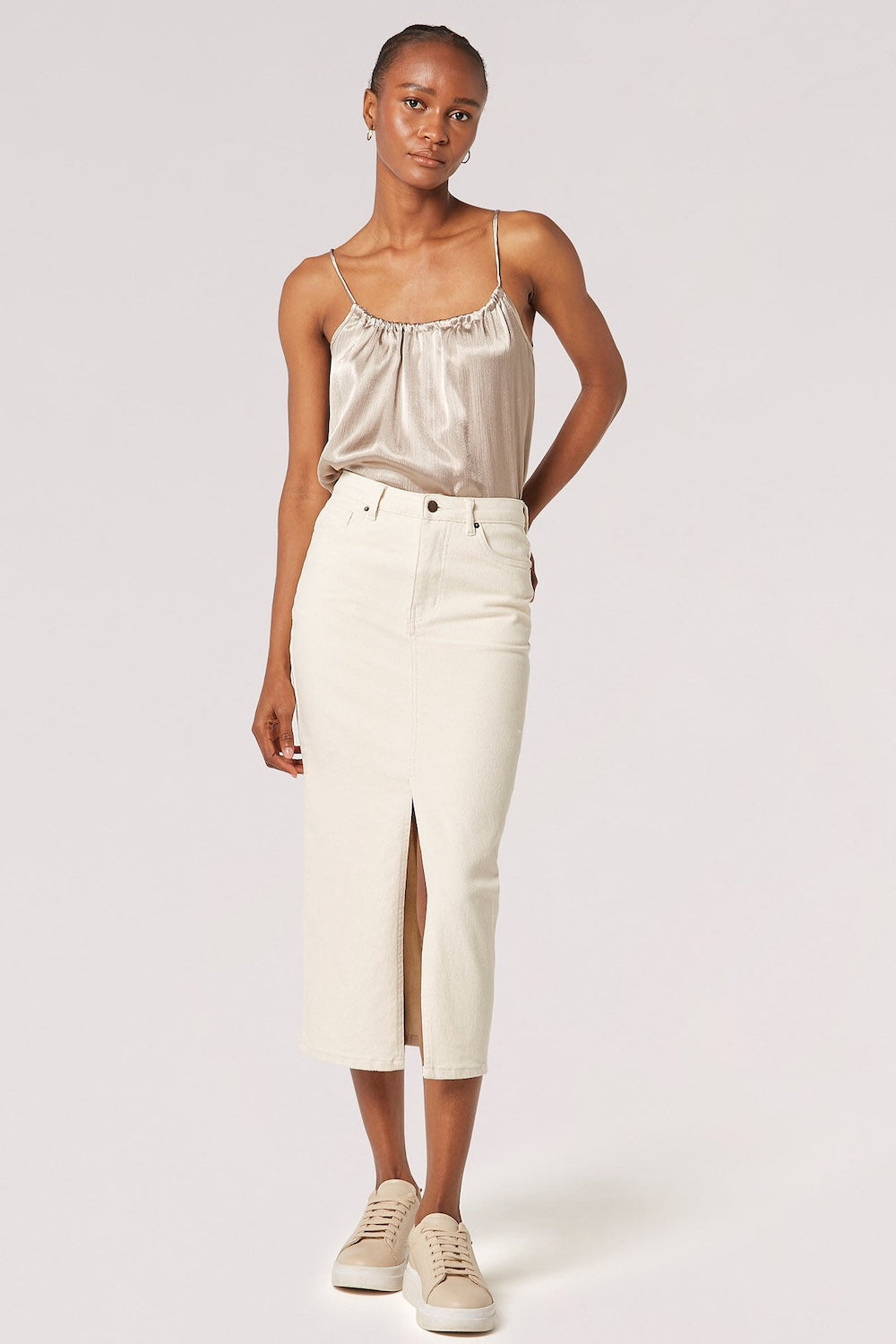 Long Denim Beige Denim Skirt Midi Split-Seam Denim Midi-Skirt In Cream