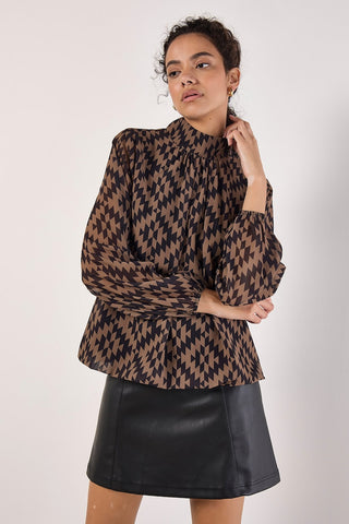 Geo-Diamond Chiffon Blouse in Brown